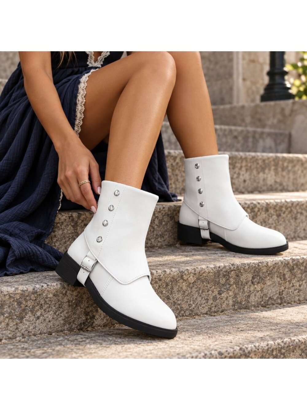 Studded Fold-Over Cuff Harness Buckle Slip-On Faux Leather Western Ankle Boots
